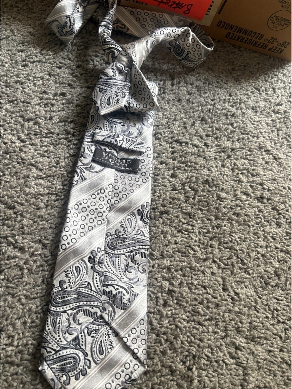 Emilio Ponti Mens Necktie Silver Grey Paisley Polka Dot Striped Formal Dress Tie
